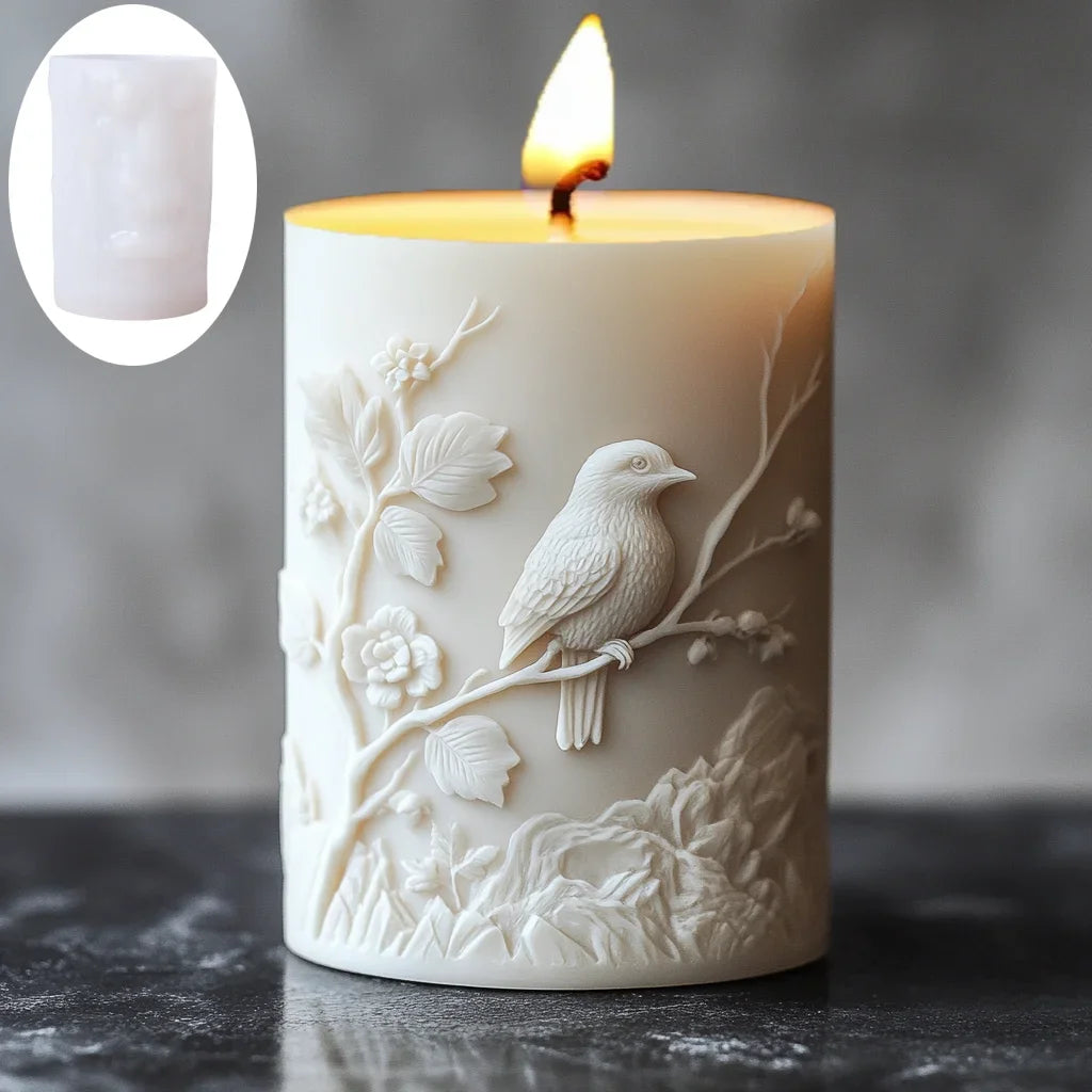 3D Bird branch relief cylindrical candle