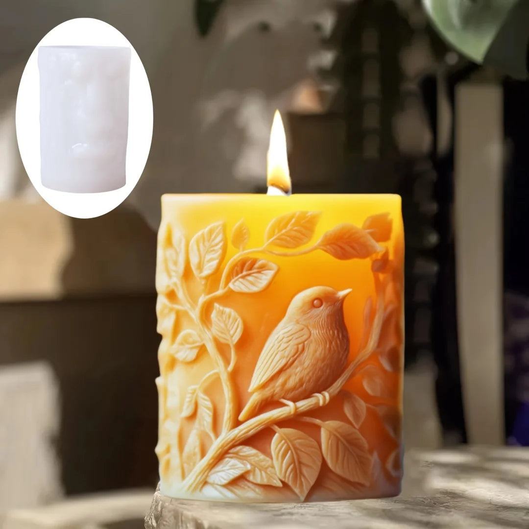 3D Bird branch relief cylindrical candle