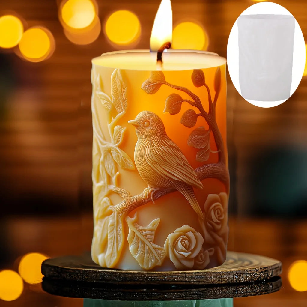 3D Bird branch relief cylindrical candle