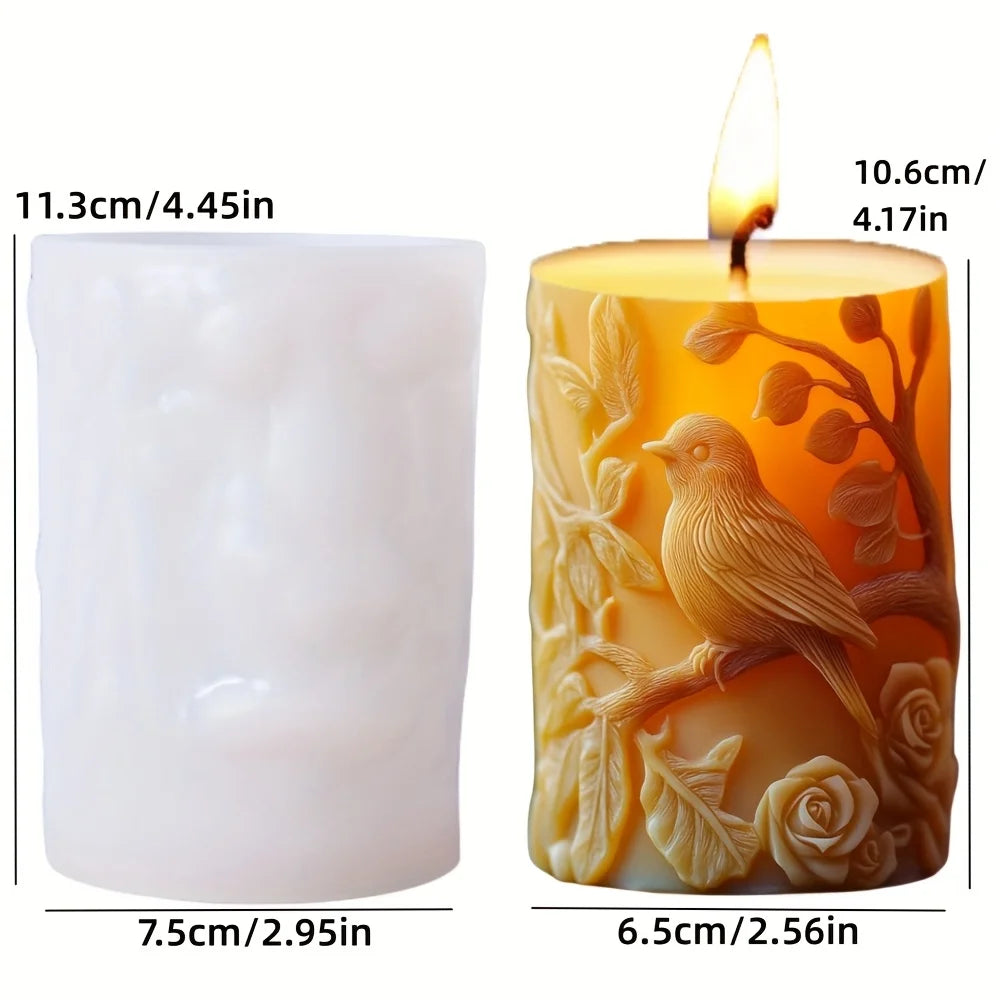 3D Bird branch relief cylindrical candle